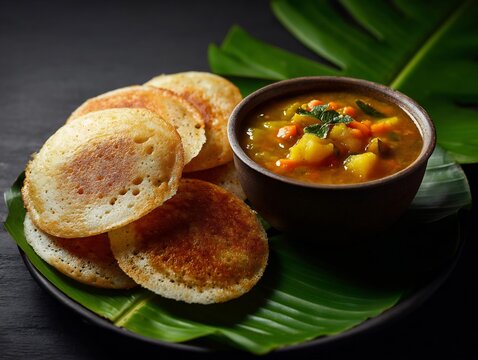 Soft, lacy appam served with a bowl of creamy vegetable stew.