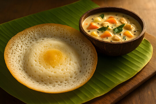 Soft appam served with a bowl of vegetable or chicken stew.