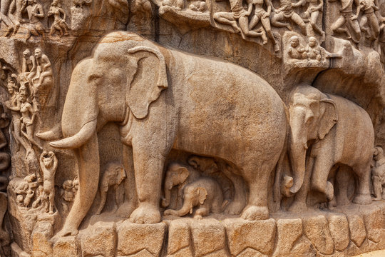 The grand detailed carvings of Arjuna's Penance relief, a magnificent place to visit in Mahabalipuram.
