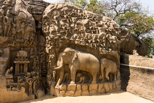 Arjuna's Penance in Mahabalipuram, a massive open-air rock relief depicting mythological scenes.