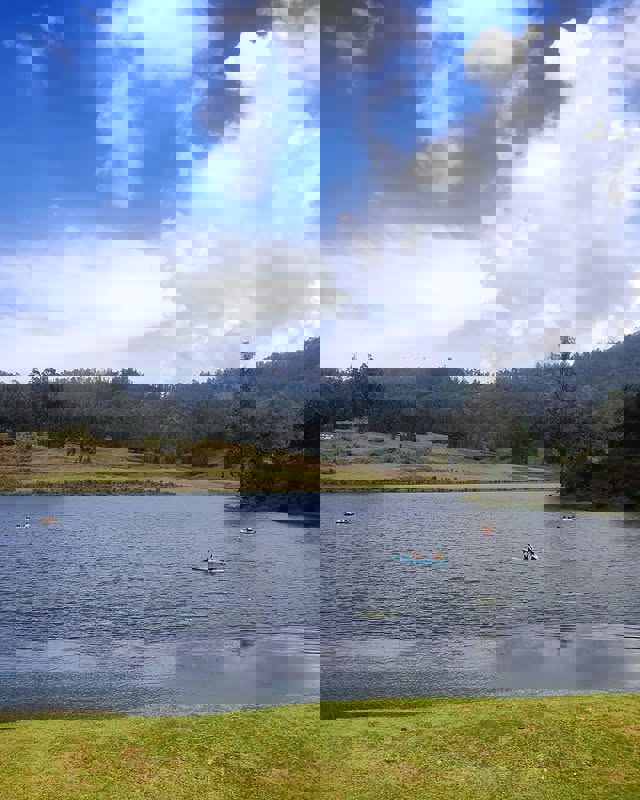 A calm, reflective Berijam Lake surrounded by dense shola forests, accessible by permit.