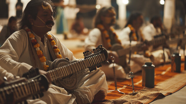 Group of devotees singing bhajans and performing harathi with lamps.