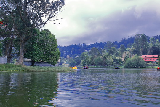 A group of tourists enjoying a paddle boat ride on the calm, reflective waters of Kodaikanal Lake.