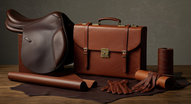 A collection of handcrafted camel leather bags, journals, and footwear.