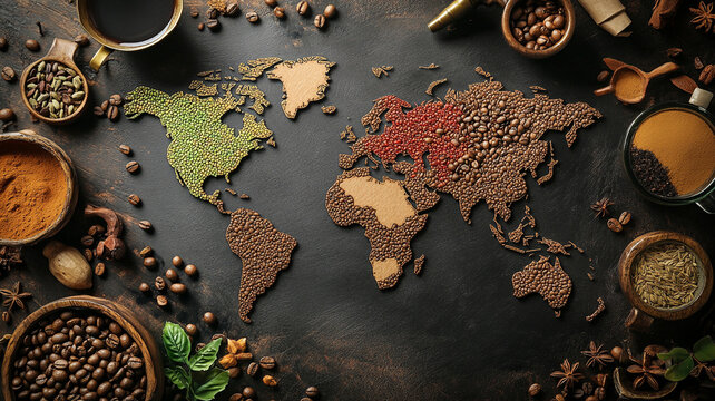 Packets of locally sourced coffee beans and spices at a market stall.