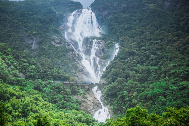 A powerful, multi-tiered waterfall cascading down a steep mountain face in the jungle, representing the majestic beauty of Central India's Famous Waterfalls.