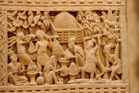 A close-up detail of the intricate carvings on a gateway at Sanchi.