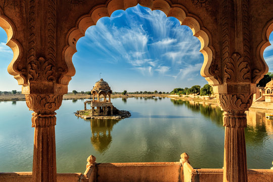 The scenic view of Gadisar Lake with its historic Chattris and temples.