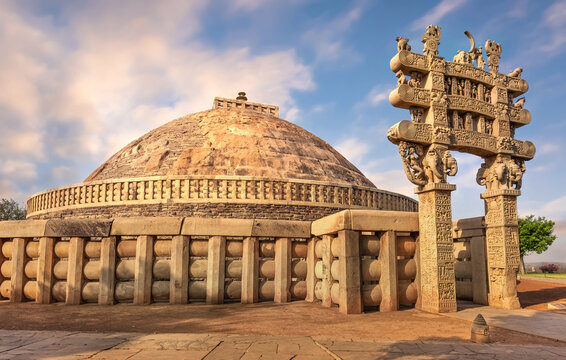 A wide-angle view of the stone dome of the Sanchi Stupa.