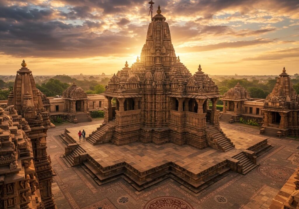 The towering shikharas of the Kandariya Mahadeva Temple, covered in intricate sculptures, exemplify the architectural genius of Central India's Famous Archaeological Marvels.