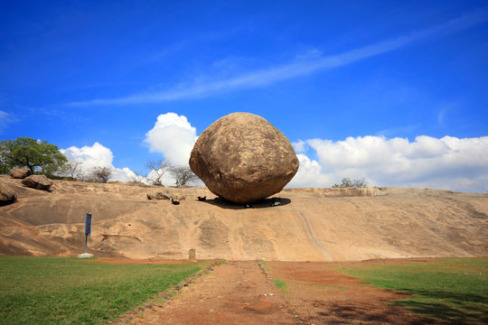 Krishna's Butterball in Mahabalipuram, a giant natural balancing rock on a hillside.