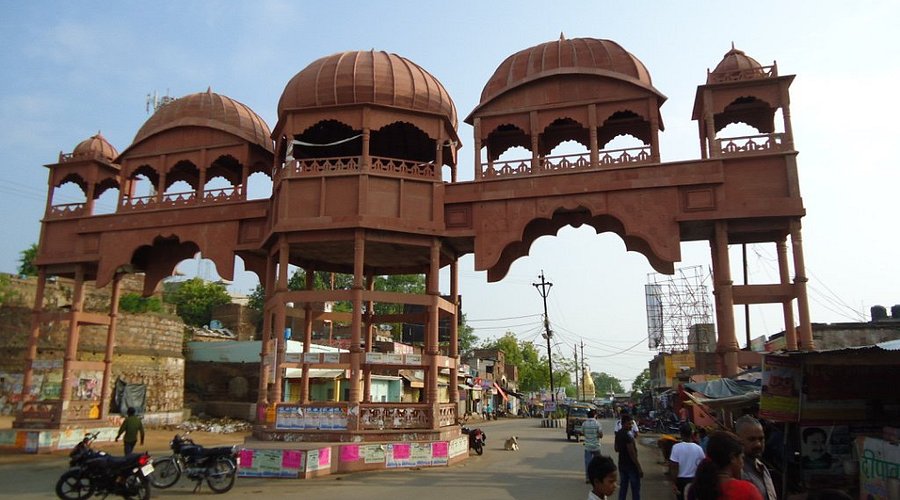 The vibrant yellow-painted shrine and idols of Goddess Bagalamukhi inside the Maa Pitambara Peeth temple.