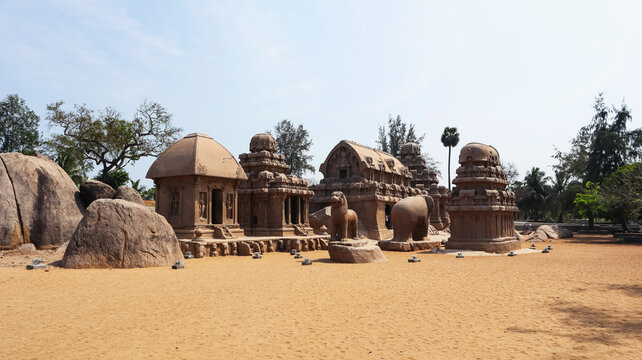 The five monolithic structures of Pancha Rathas, a key historical place to visit in Mahabalipuram.