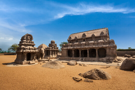 The Pancha Rathas in Mahabalipuram, a group of five monolithic rock-cut chariots.