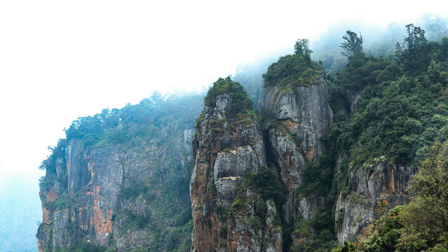 A close-up view of the massive Pillar Rocks formation from an observation deck.