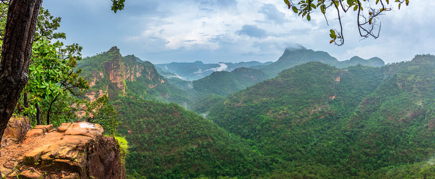 The panoramic viewpoint of the Narmada River's origin at Priyadarshini Point in Amarkantak.