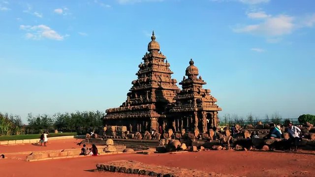 The ancient Shore Temple, one of the most iconic places to visit in Mahabalipuram, by the sea.