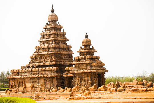 Mahabalipuram's Shore Temple at sunrise, an ancient structural temple by the Bay of Bengal.