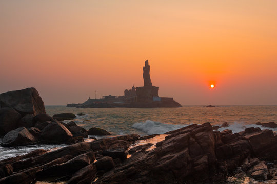 Stunning sunrise over the ocean confluence at Kanyakumari.