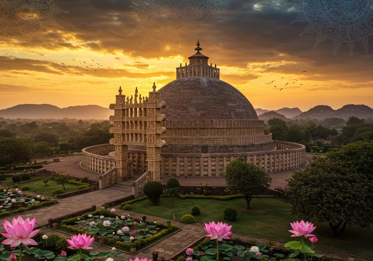 The sun rising behind the ancient stupas at Sanchi.