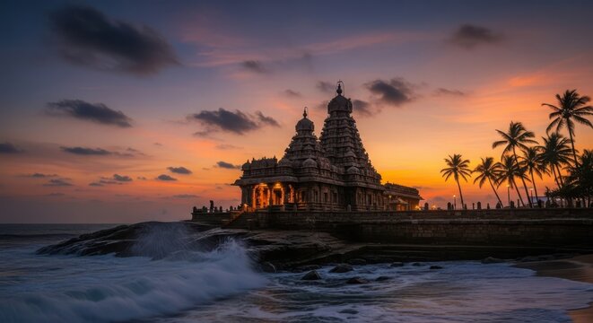 A stunning sunrise view over the Shore Temple in Mahabalipuram.