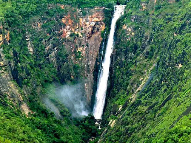 The majestic Thalaiyar Falls, one of India's highest waterfalls, cascading down a cliff near Kodaikanal.