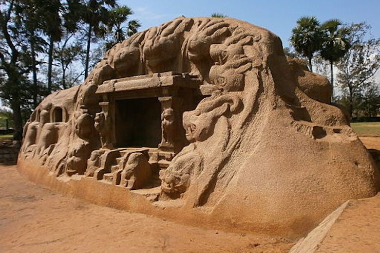 The intricately carved tiger head entrance at Tiger Cave, a must-see place to visit in Mahabalipuram.