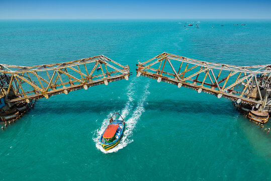 The breathtaking view from a train window during a ride on the Pamban Bridge in Rameshwaram.