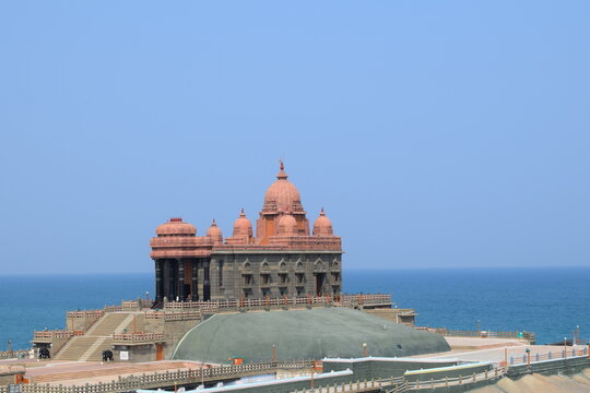 Panoramic view of Vivekananda Rock Memorial Kanyakumari from the ferry.