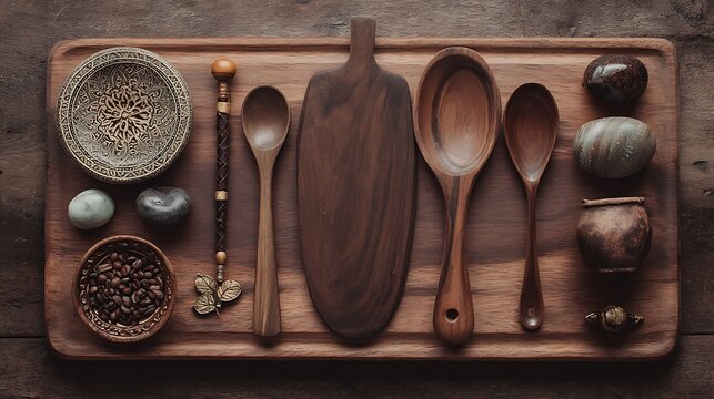 A collection of intricately carved wooden handicrafts.