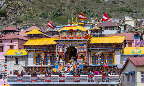 The sacred Badrinath Temple, one of the Char Dhams, located in the holy town near Auli.