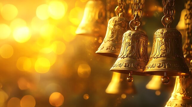 A display of ornate traditional brass oil lamps (deepam) and temple bells.