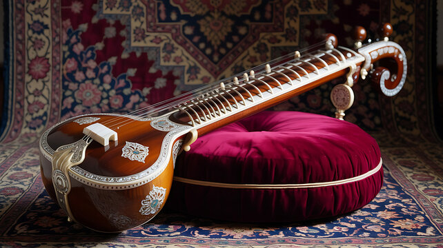 A musician playing a traditional instrument like the sitar or flute, performing a classical raga.