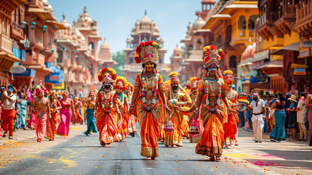 Artists performing a traditional dance on stage during a Kollam cultural show.