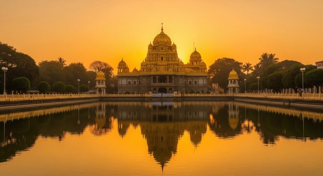 The golden spire of Sripuram Temple glowing against the sky, a magnificent place to visit in Vellore.