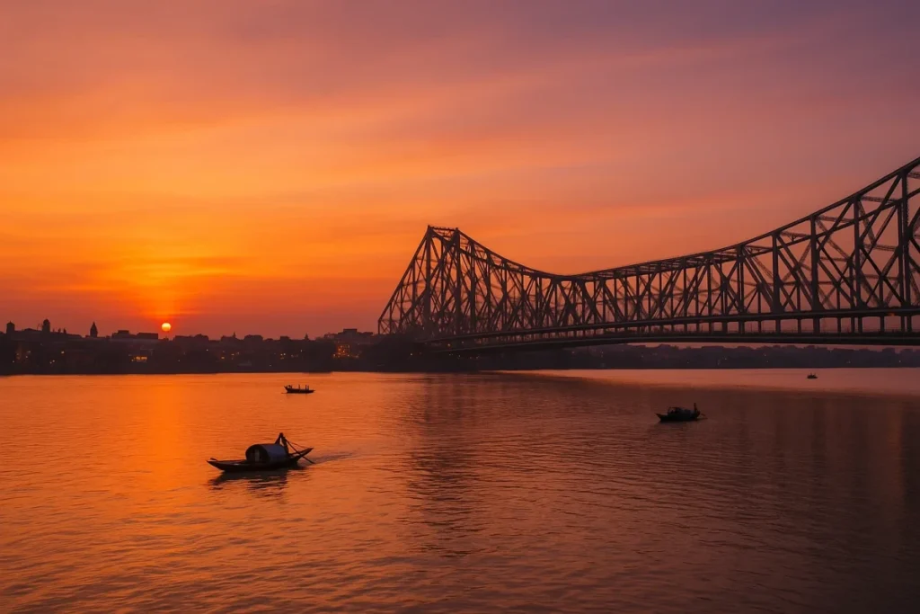 The Howrah Bridge, also called Rabindra Setu, a massive cantilever bridge spanning the Hooghly River.