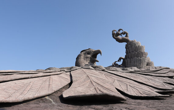 The giant Jatayu sculpture atop a hill at the Jatayu Earth's Center near Kollam.