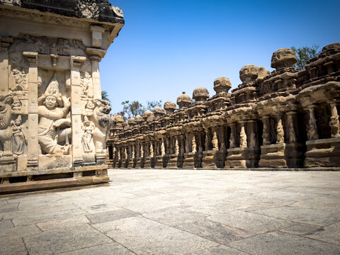 Ancient stone facade and intricate sculptural details of the historic Kailasanathar Temple in Kanchipuram.