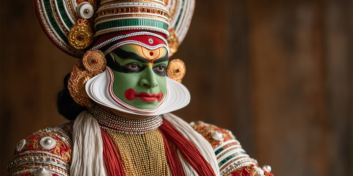 A Kathakali dancer in full, elaborate costume and makeup.