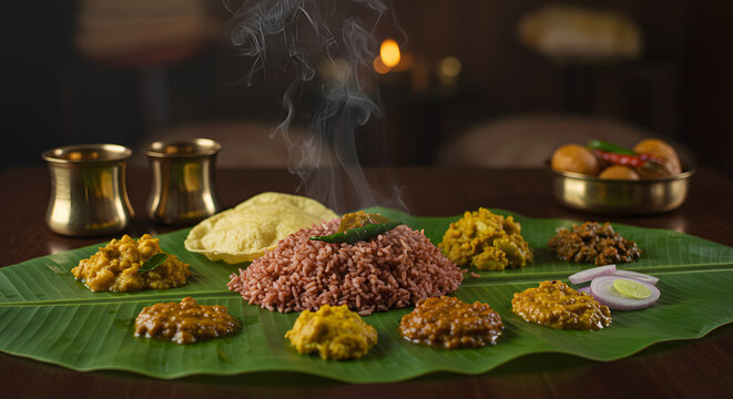 A traditional vegetarian feast (Sadhya) served on a banana leaf with numerous side dishes.