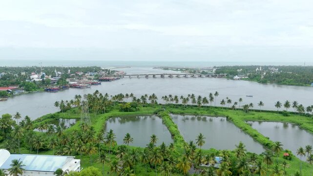 A scenic panoramic view of Kollam with the river, featuring houseboats and palm-lined backwaters, a top place to visit.