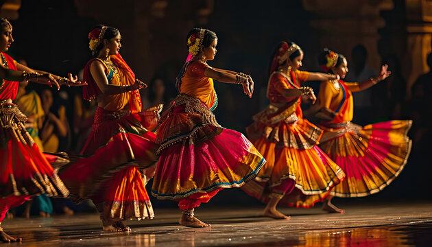 Lavani dancers in colorful attire performing energetic movements to dholki beats.