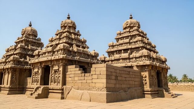 The UNESCO World Heritage site of Mahabalipuram, showcasing ancient shore temples and rock carvings near Kanchipuram.