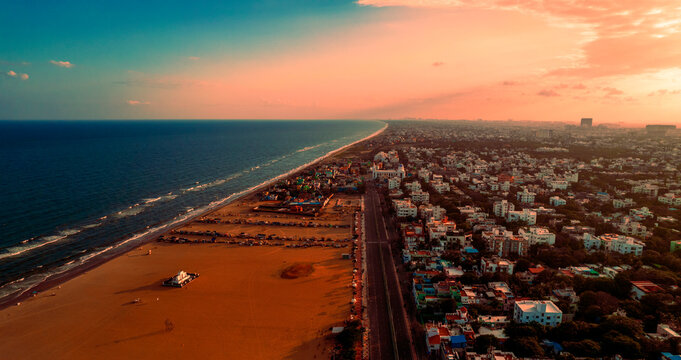 The vibrant skyline and urban landscape of Chennai, the capital city located near Kanchipuram.