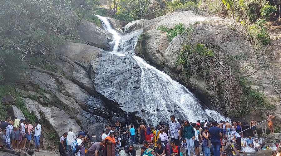 Visitors at the base of the cascading Monkey Falls.