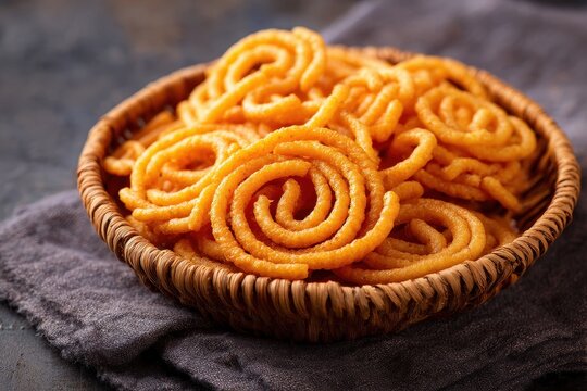 A bowl of traditional Tamil savory snacks, murukku and seedai.