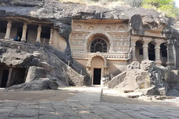 Ancient Buddhist Pandavleni Caves carved into a hillside in Nashik, Maharashtra.