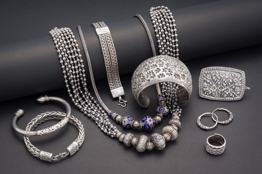 Ornate traditional silver jewelry from Kutch.