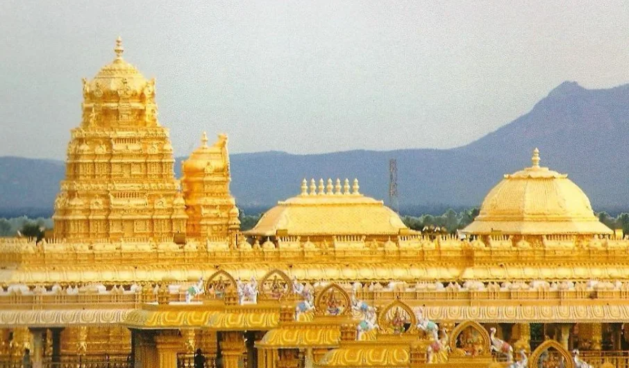 Close-up of the gold-plated spire of the Lakshmi Narayani Temple in Vellore.