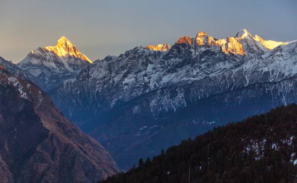The majestic snow-capped range of the Sunanda Devi mountains forming the stunning backdrop of Auli.